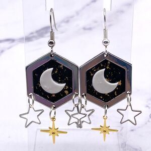 Black Celestial Crescent Moon Dangle Hook Earrings